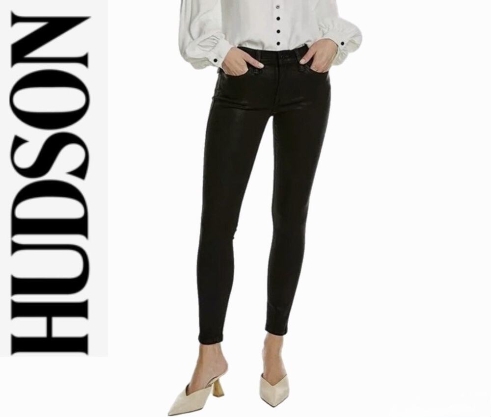 Hudson Jeans Natalie Mid Rise Super Skinny Black Waxed Jeans NWT Sz 24
